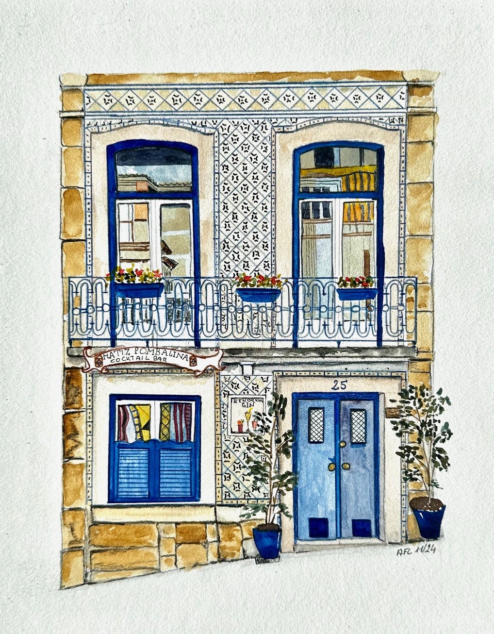 Stadthaus in Lissabon in Aquarell